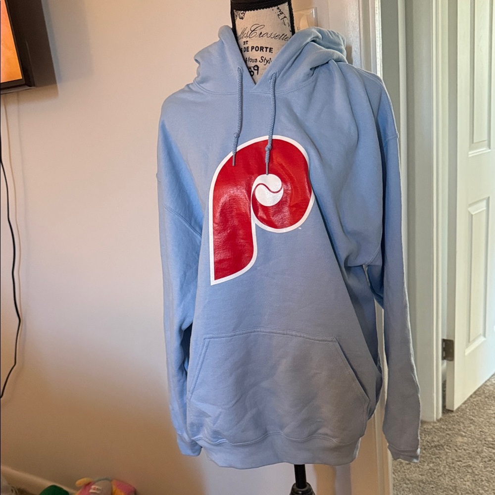 Light Blue Hoodie with Red Graphic Logo - Mens  Sweatshirt